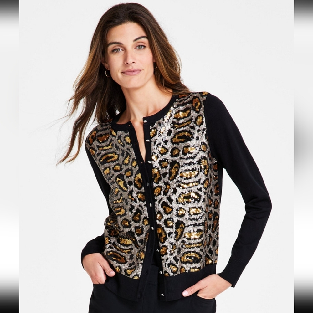 Women's Leopard Sequin Party Cardigan Sweater, C